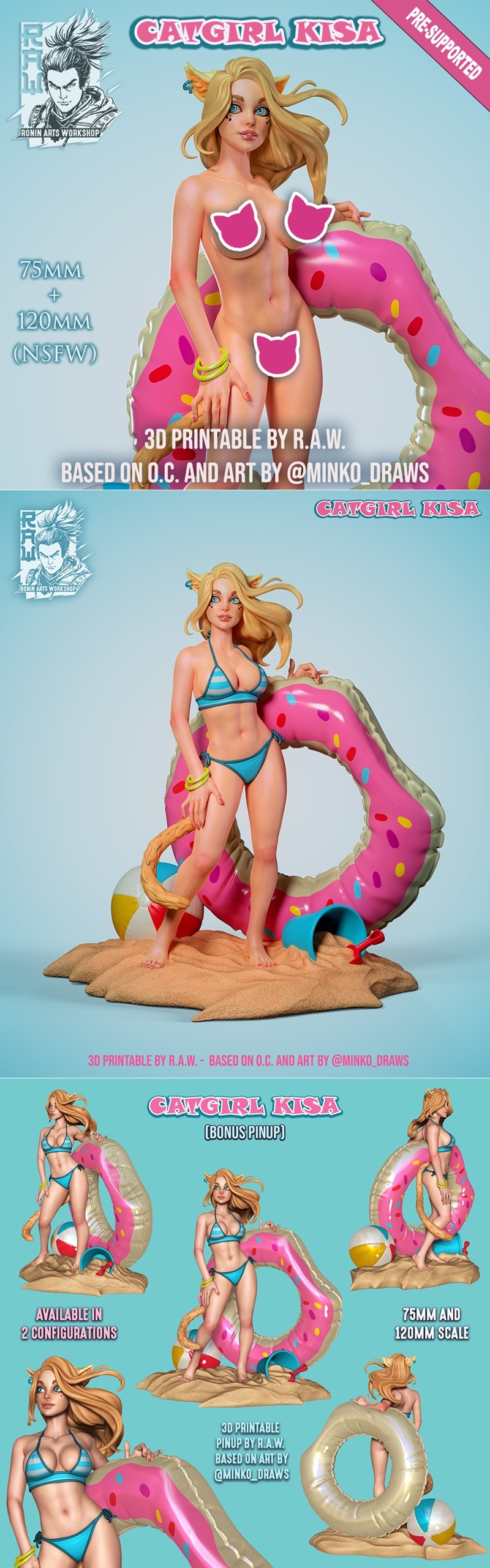 3D打印模型：海滩风猫耳少女Pinup角色|RAW – Catgirl Kisa – Beach Girl Pinup – 3D Print Model STL