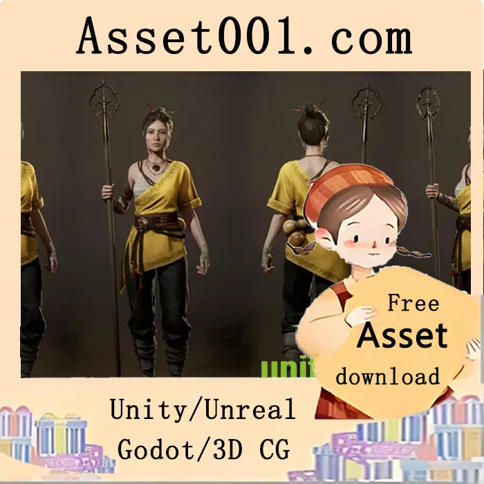 UE5兼容的详细女战士/僧侣角色模型（含服装与武器骨骼）|Girl Monk v001 v5.0+