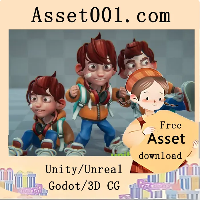 卡通风格男孩角色资产，包含可动画化配件与面部表情细节|Cartoon Kid, Boy v1.0