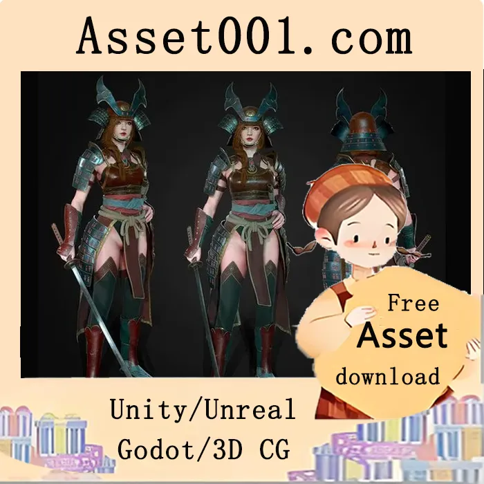 PBR贴图资源包：包含4096x4096及2048x2048高清贴图，Maya搭建并支持重定向，提供带帽与无帽两种模型，独立网格，详情见官网链接|Samurai Girl by Mihail Kamenker