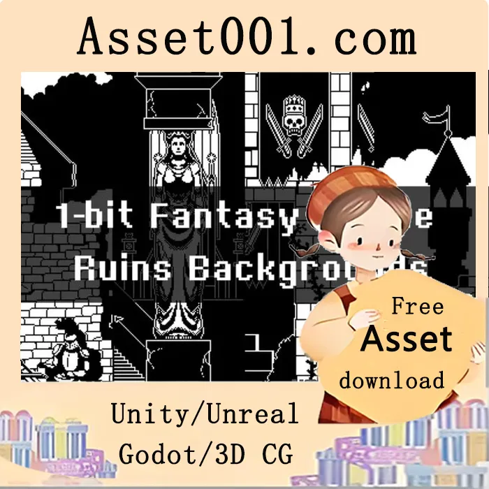 1位像素风格幻想城堡废墟背景包，为2D游戏增添复古神秘氛围|Fantasy Castle Ruins 1-bit Pixel Backgrounds
