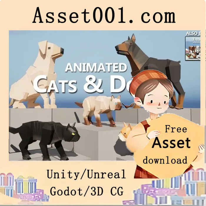低多边形立方体猫咪与狗狗 rigged 模型及动画示例|Animated CAT & DOG - 3D LOW POLY Cubic 5.6