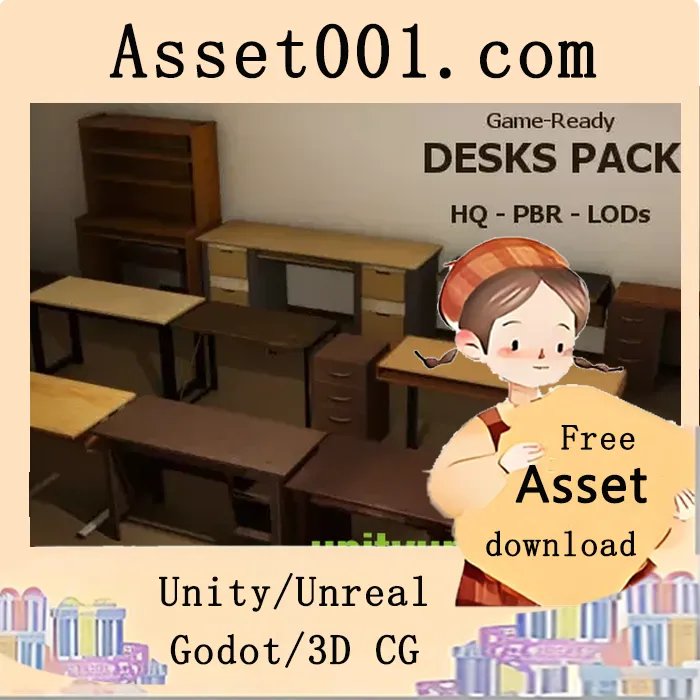 PBR游戏级家具包：包含21个预制体、10张办公桌及2个简易版本、2个抽屉及2个简易版本、1把椅子，支持3级LOD与完整PBR材质|PBR Game-Ready Desks Pack v1.2a