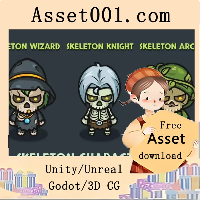 顶部视角骷髅角色包 - 法师、骑士、弓箭手|Top-Down Skeleton Characters Pack – Wizard, Knight, Archer