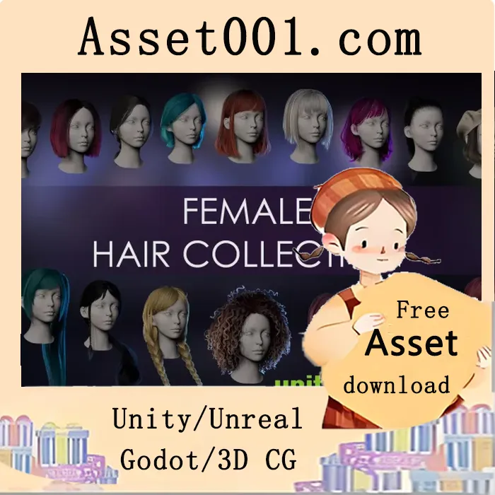 16款独特发型包含3种修改类型，56个低多边形模型，支持PBR与物理模拟|Female Hair Collection - Big Hairstyle Set (16 pieces) v1.0