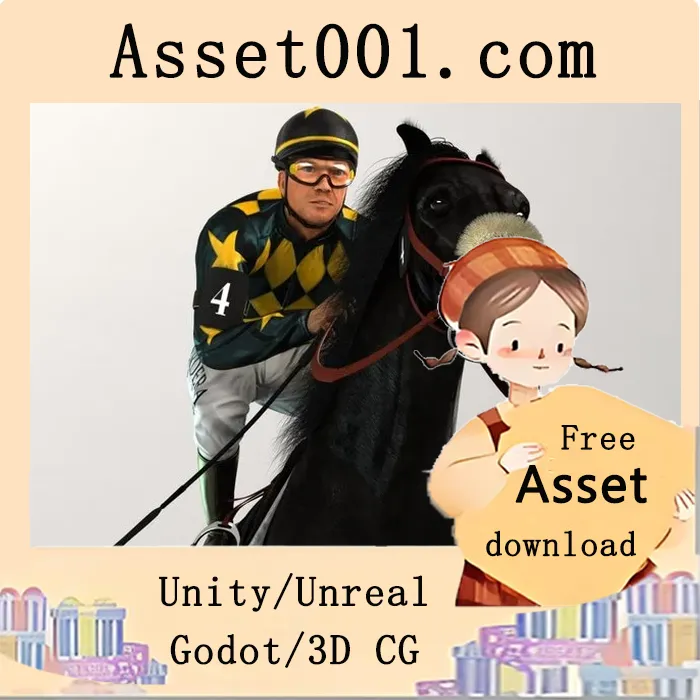 赛马与骑手3D模型资产详解：适用于体育模拟与高清渲染的高细节角色资源|Racehorse and Jockey HQ 003