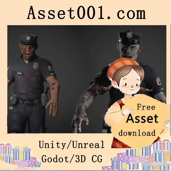 僵尸警察角色模型资源包：支持多种游戏类型，含FBX和Maya格式，Epic骨骼结构及6个演示动画20个主动画|Zombie Police