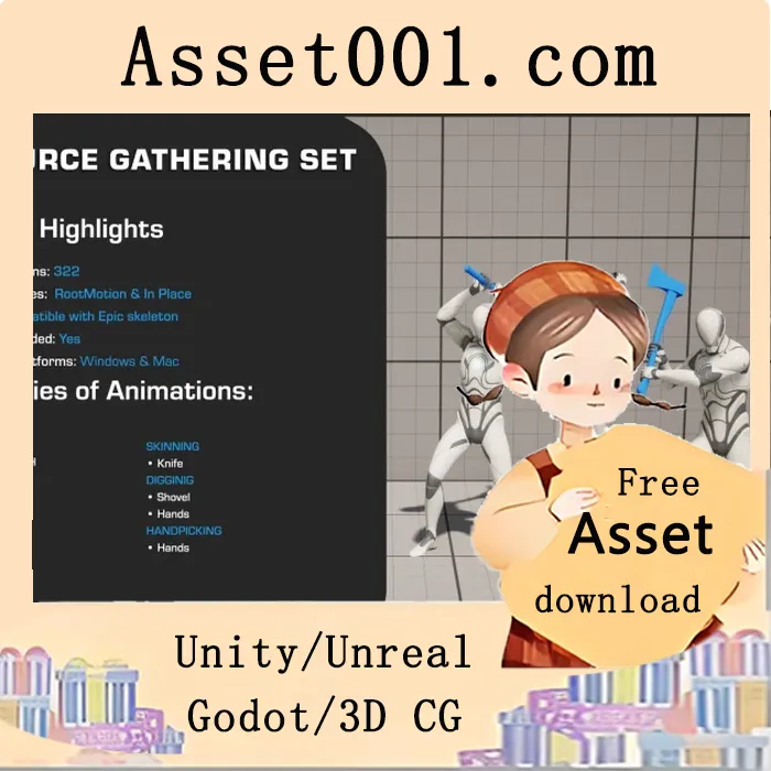 生存、制作与开放世界游戏动画资源包：包含采矿、伐木、剥皮等完整动作集|Resource Gathering Set v5.0+