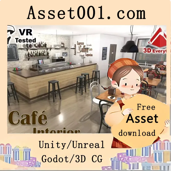 Unity Café 内部场景 v1.0：70个低多边形模型，支持VR实时动画|Café Interior v1.0