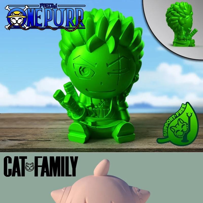 一毛猫——《航海王》佐罗与猫X家族模型|One Purr – Zoro and Cat X Family – Anya and One Purr – Luffy – 3D Print Model STL