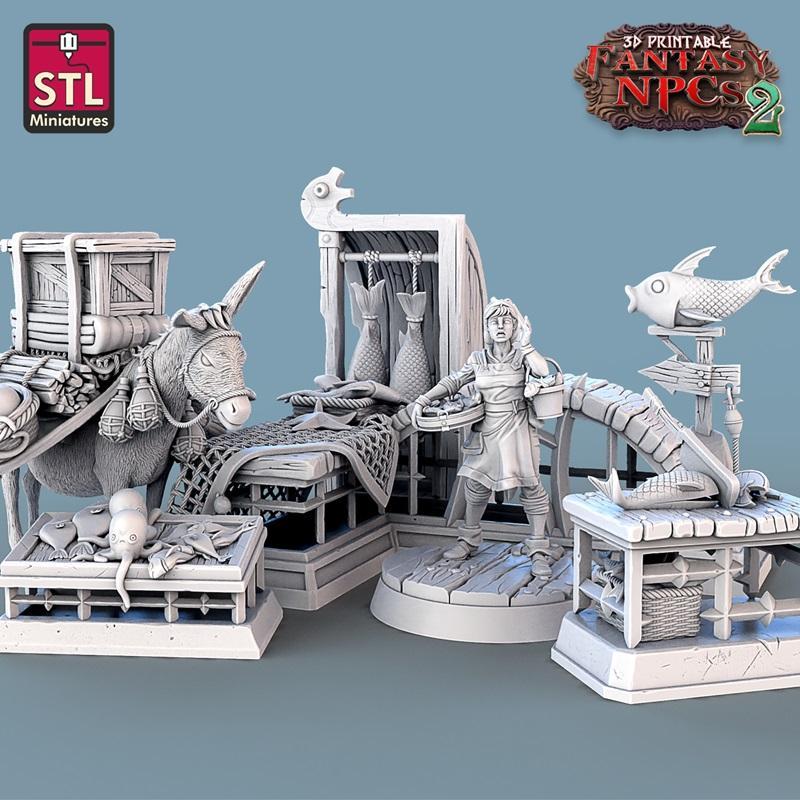 幻想世界NPC集之鱼贩角色3D打印模型|STL Miniatures – Fantasy NPCs 2 – Fish Vendor Set – 3D Print Model STL