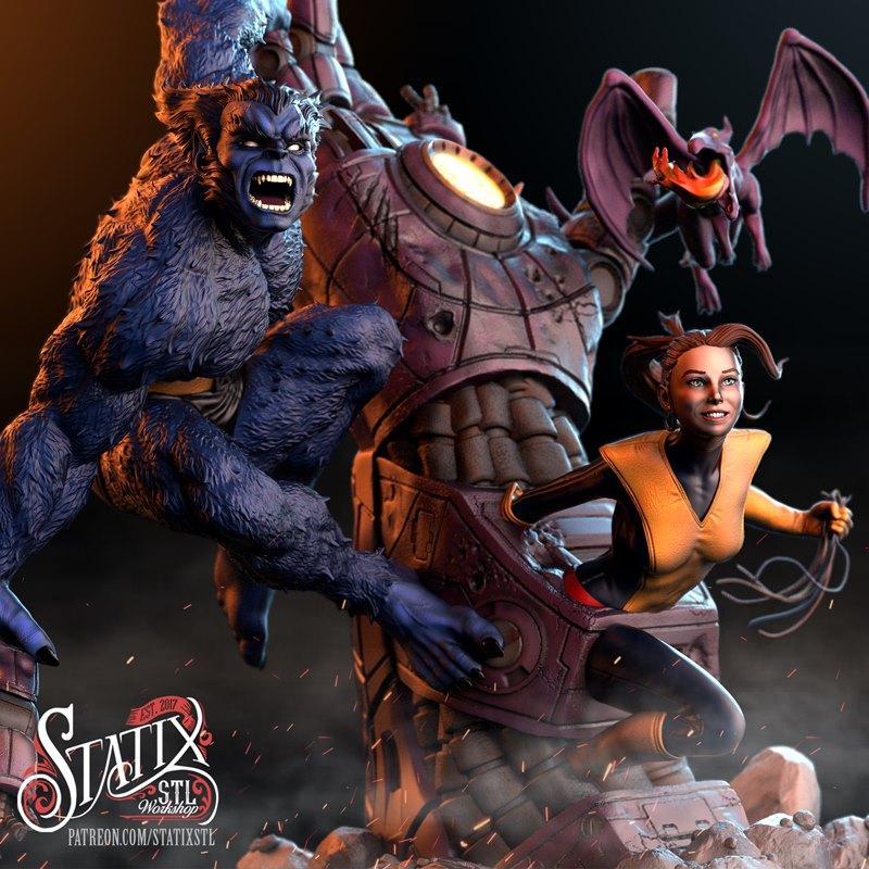 Statix - 影猫与洛克迪orama 3D打印模型|Statix – Beast Shadowcat and Lockheed Diorama – 3D Print Model STL