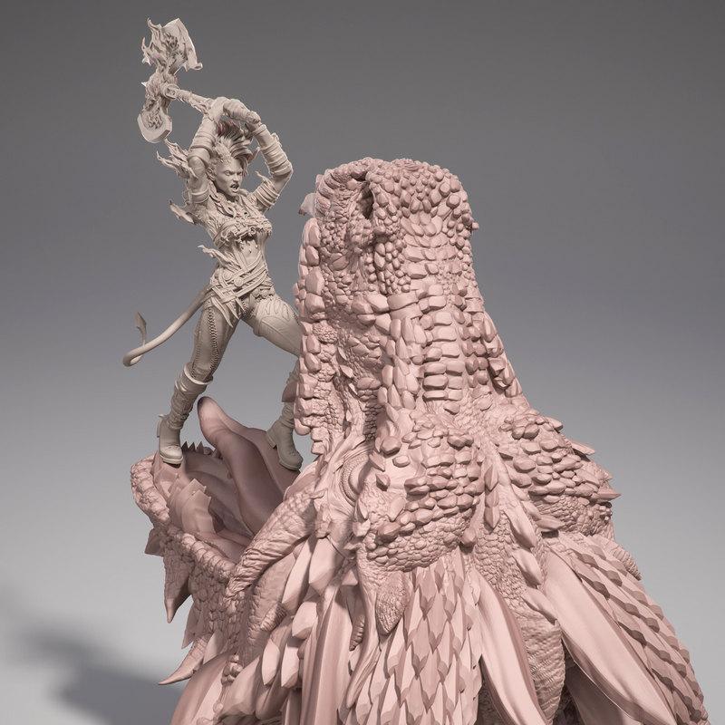 矮人野蛮人攻击龙——3D打印模型|Tiefling Barbarian Attack Dragon – 3D Print Model