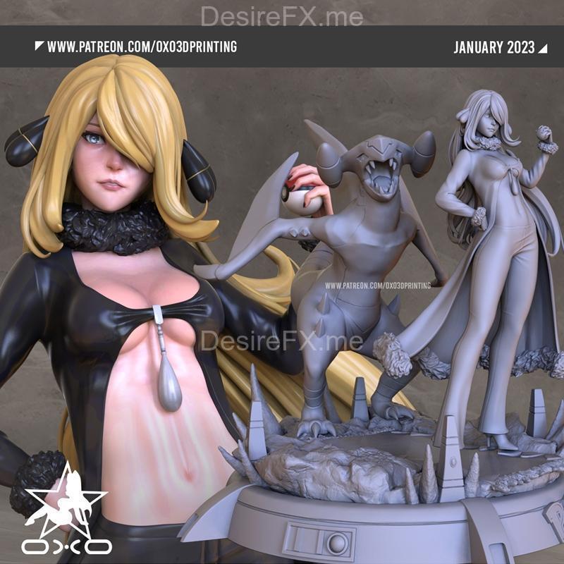 Pokémon 3D打印模型：西尔维娅与嘉勒普加|OXO3D – Cynthia and Garchomp from Pokemon – 3D Print Model STL