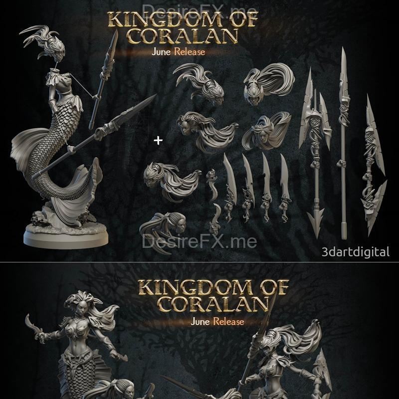 3D打印模型：珊瑚王国美人鱼战士女性角色|3DArtDigital – Kingdom of Coralan – Merfolk Warriors Female – 3D Print Model STL