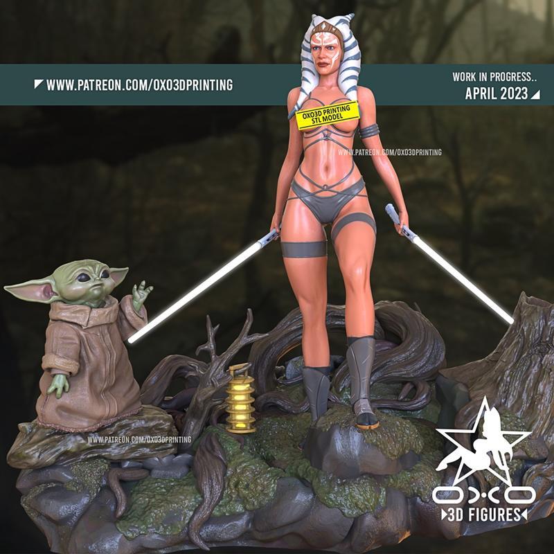 OXO3D - 《星球大战》阿索卡·塔诺与贝博尤达 3D打印模型|OXO3D – Ahsoka Tano and Baby Yoda – 3D Print Model STL