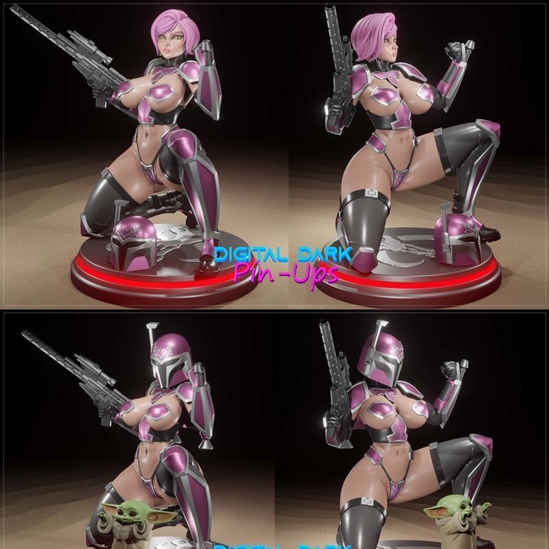 曼达洛人女孩与贝利耶幼崽 3D打印模型|Digital Dark Pin-Ups – Mandalorian Girl with Baby Yoda – 3D Print Model STL