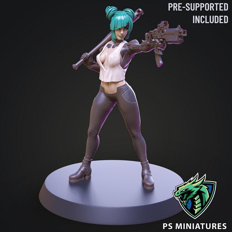 赛博朋克碎铁女角色3D打印模型|PS Miniatures – Cyberpunk Scrapper Girl Pose 3 – 3D Print Model STL