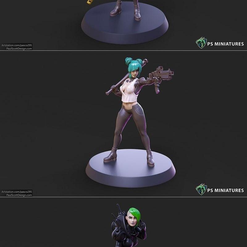赛博朋克女打工人与佣兵姿态1-7变体及性感海报3D打印模型|Cyberpunk Scrapper Girl and Mercenary Pose 1-7 Variants and Pinup – 3D Print Model STL