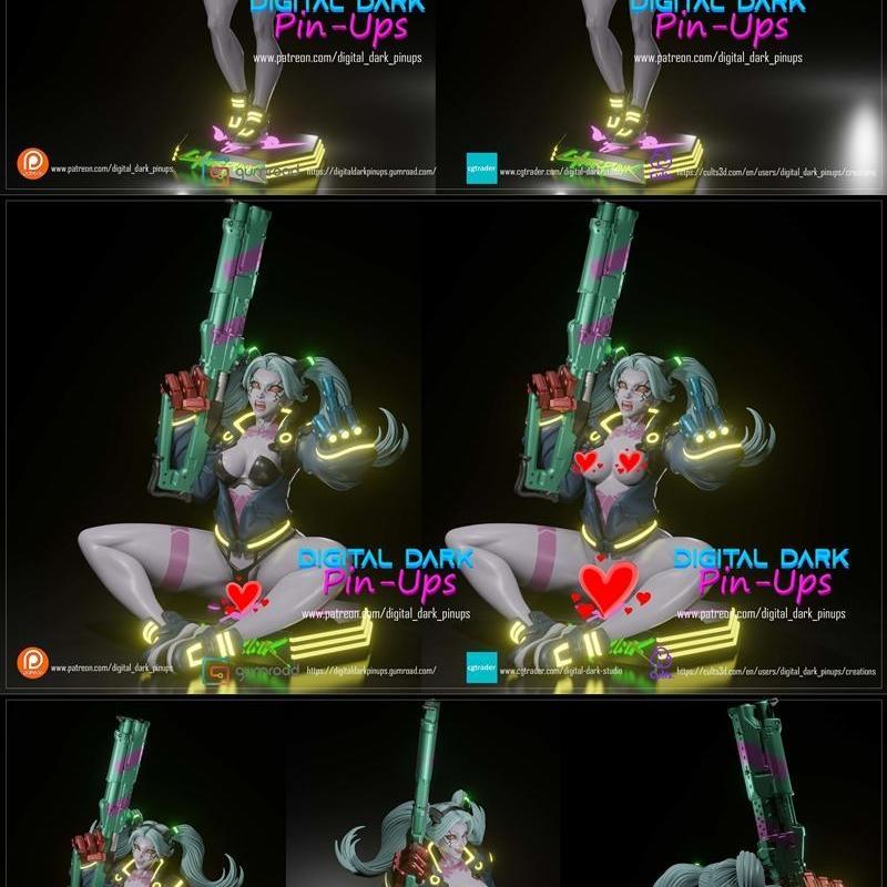 数字暗黑贴纸——赛博朋克边缘奔跑者3D打印模型|Digital Dark Pin-Ups – Rebecca Cyberpunk Edgerunners – 3D Print Model STL